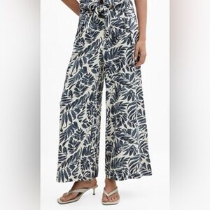 Mango Navy White Pleated Wide Leg Cotton Linen Pants Size Medium